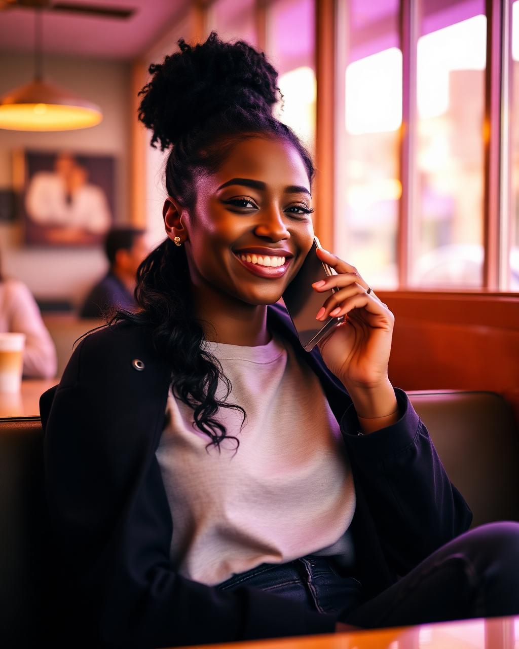 A UW Partner smiling while practising a voice session on her phone in a café